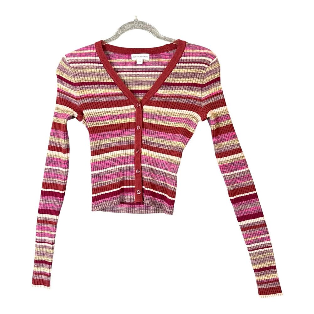 Vtg Y2K Cropped Ribbed Striped Button Cardigan Sweater S Calvin Klein Stretch